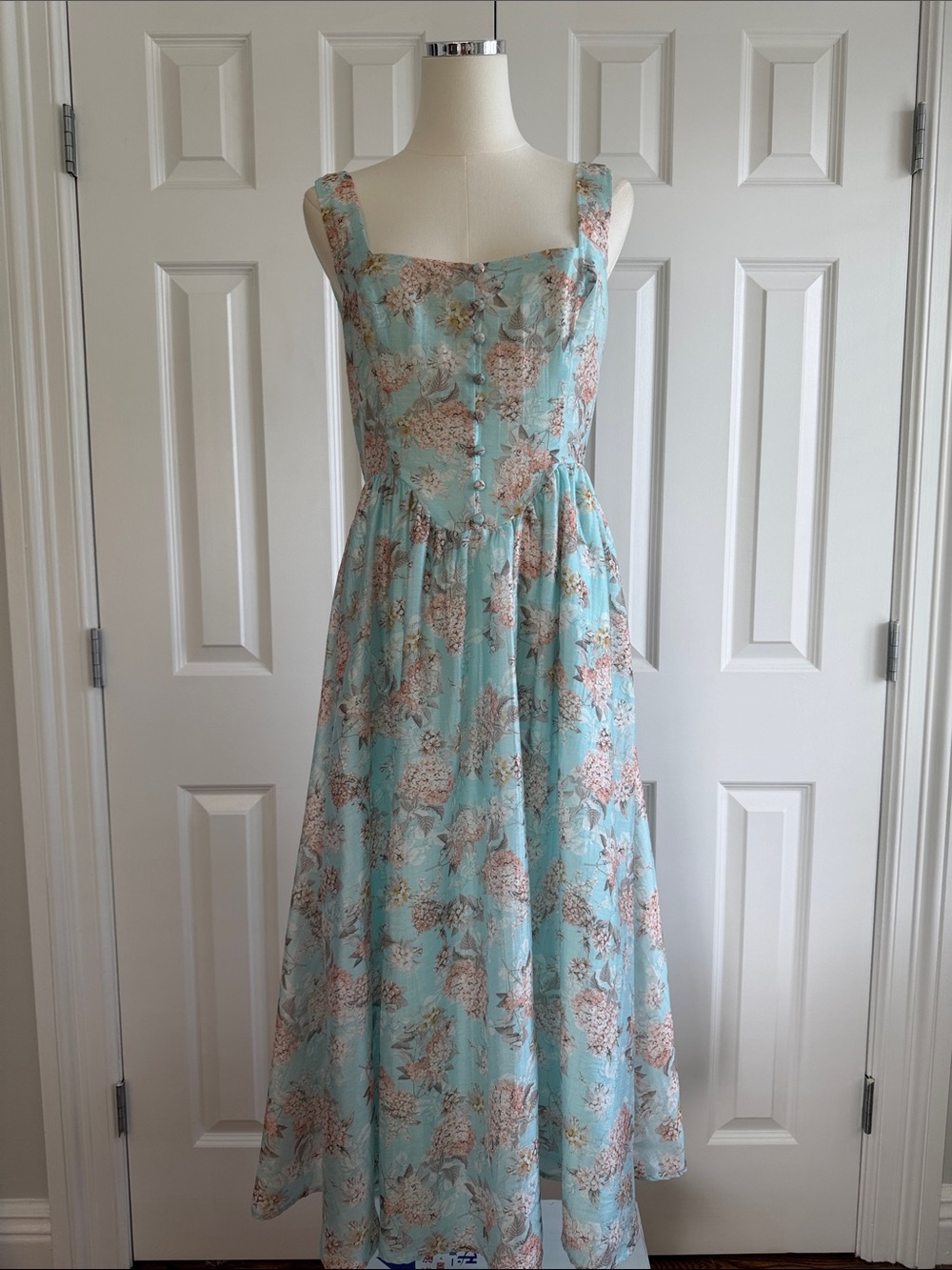 Lulus Hydrangea Honey Light Blue Floral Midi Dress Button Front  Bodice Size M